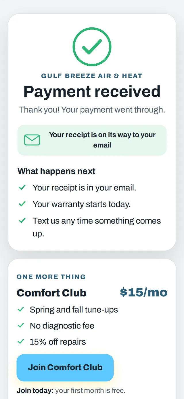 Payment received screen with a plan offer