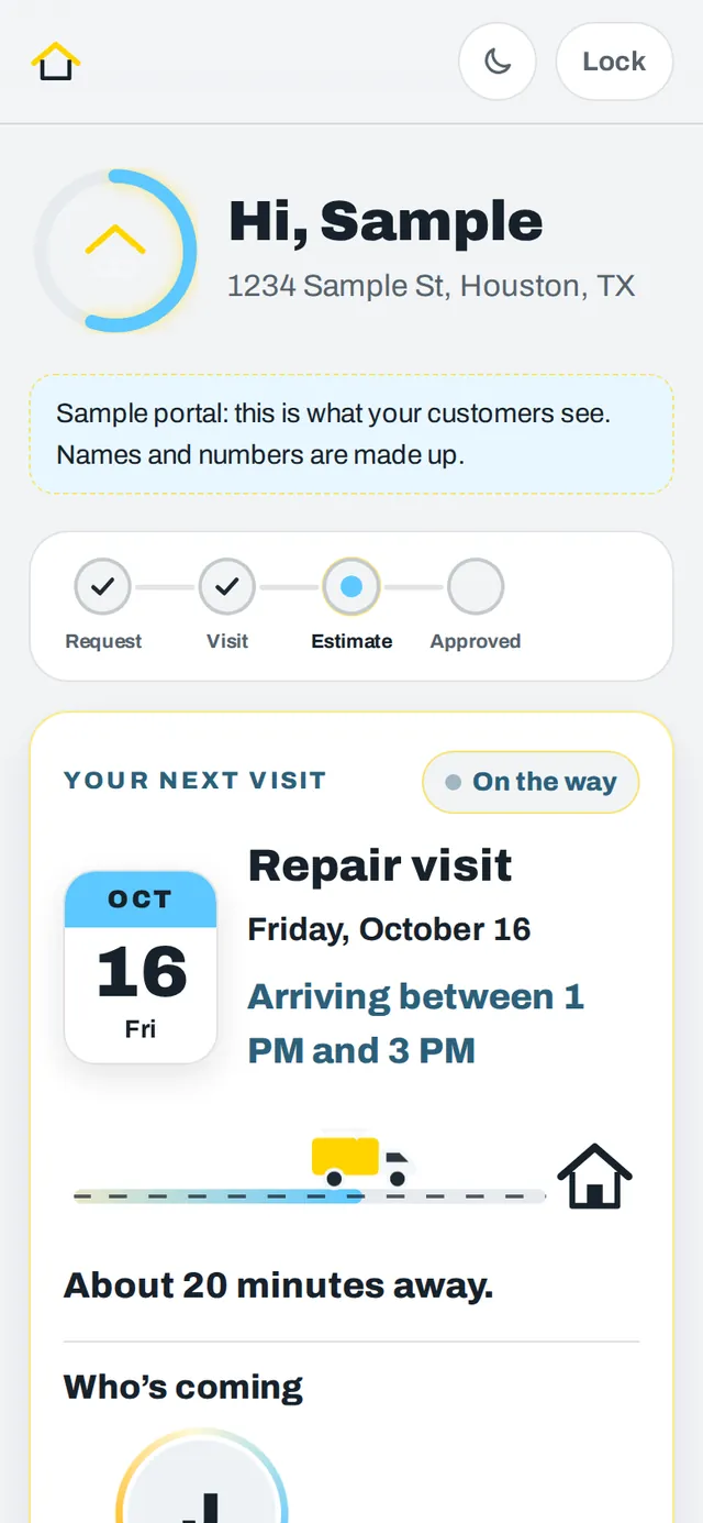 Customer portal showing the next visit and on-the-way status