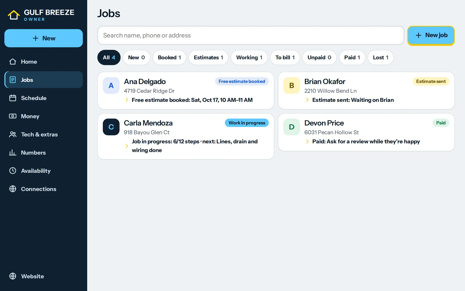 Owner app jobs list with sample customers