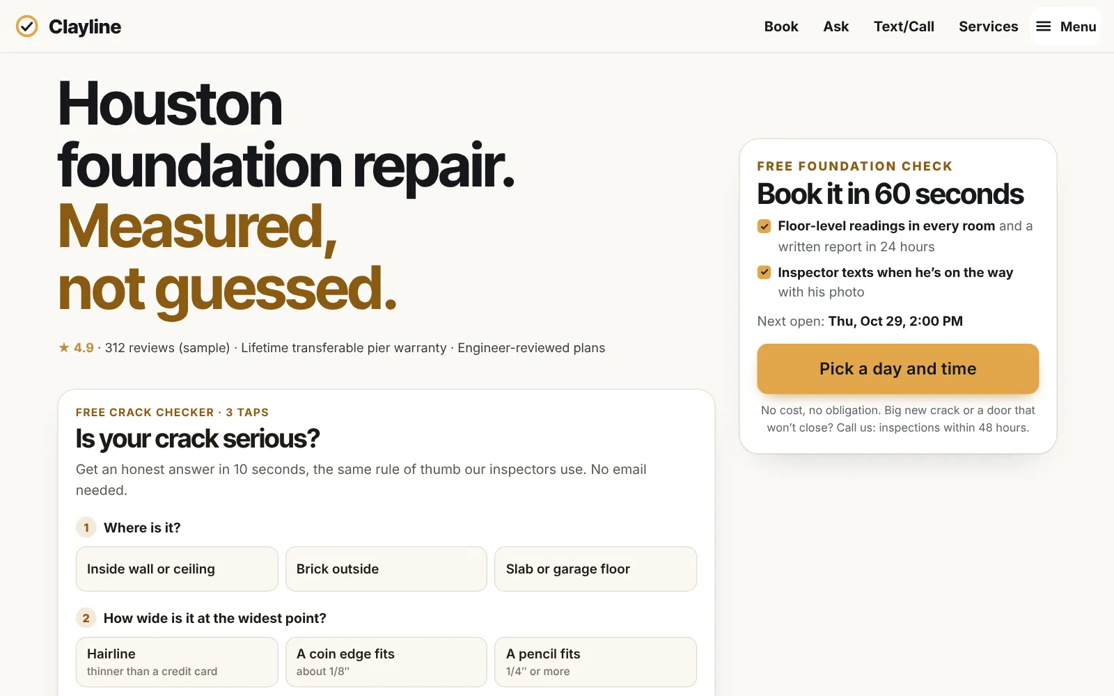 Demo Houston foundation repair website: a free foundation check booking card next to a photo of a cracked brick corner
